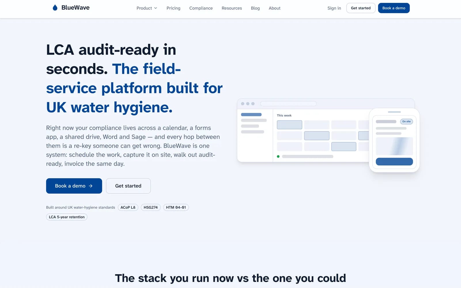 BlueWave marketing site: LCA audit-ready in seconds, the field-service platform built for UK water hygiene