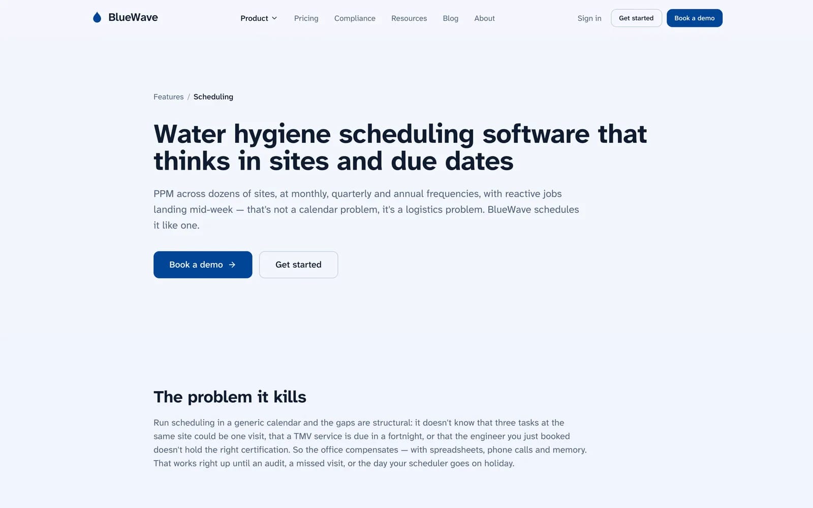 BlueWave scheduling feature page showing calendar and engineer views