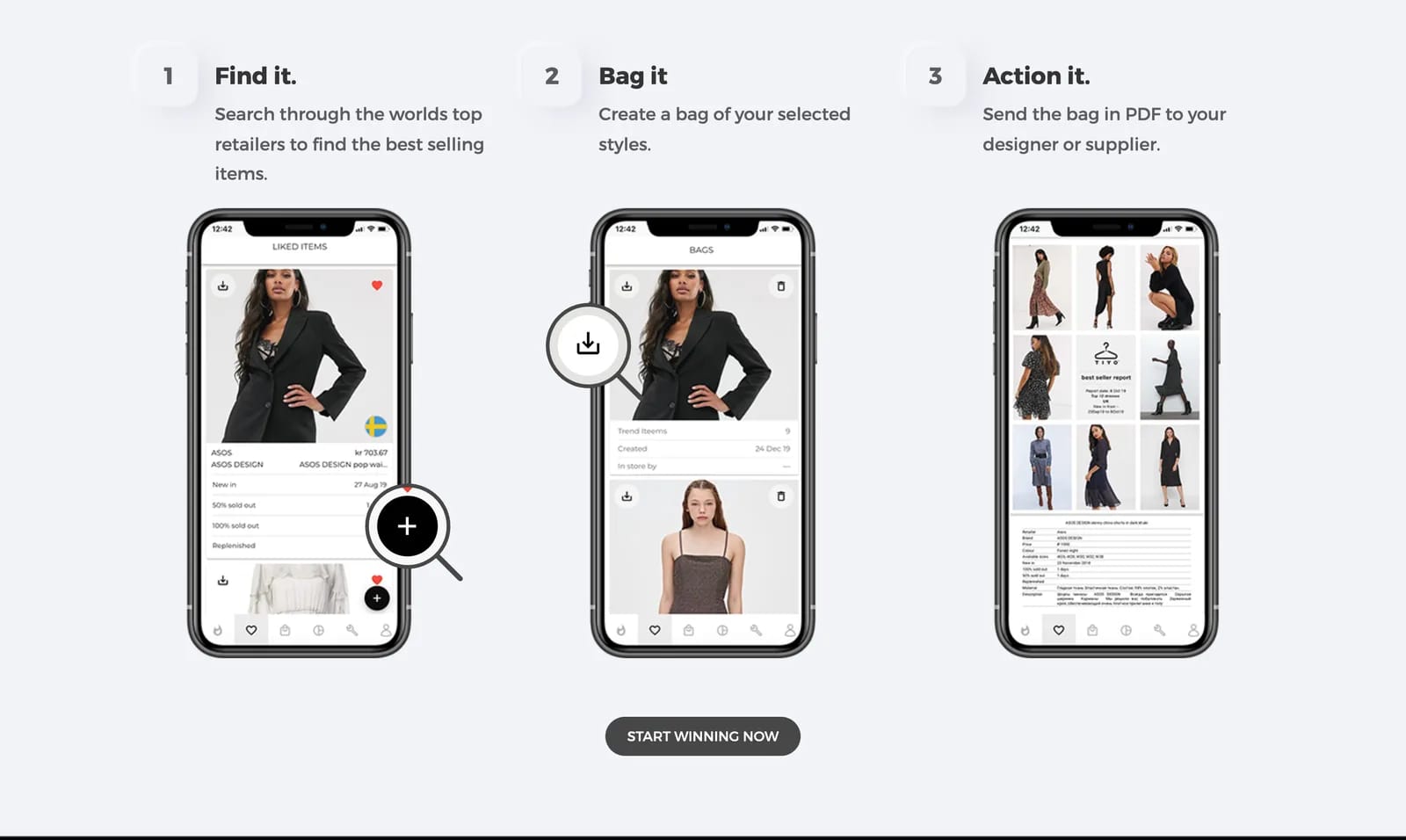 TIYO's buyer workflow on mobile: find best-selling items, collect them into a bag, send as a PDF report