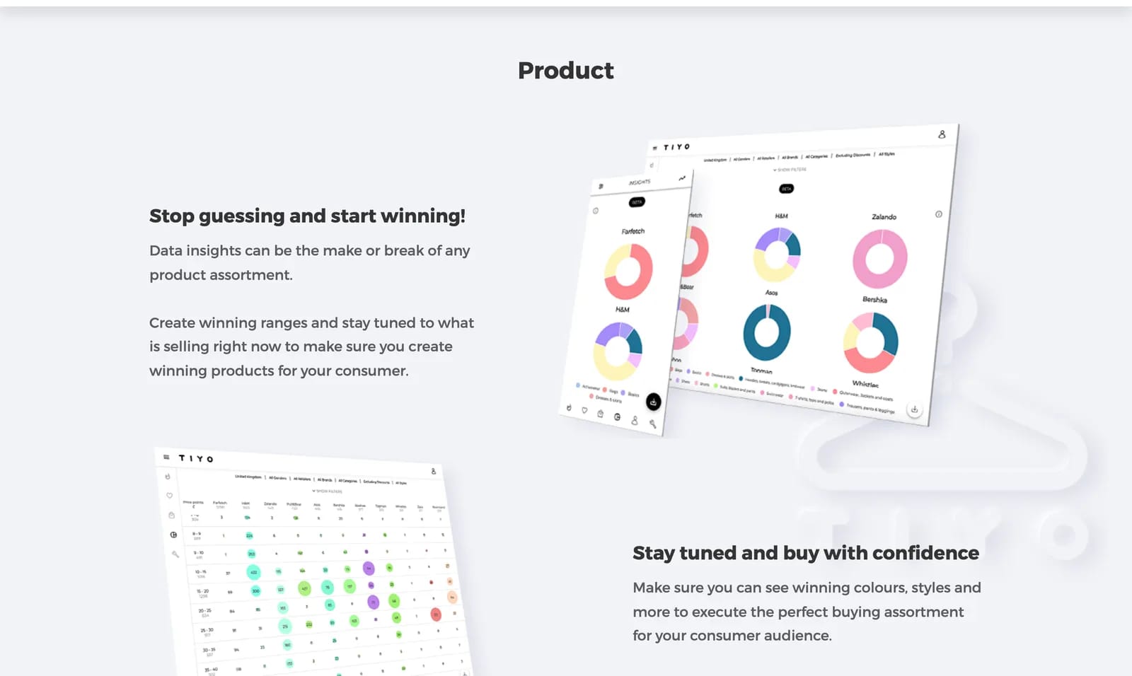 TIYO's insights view: assortment breakdown donuts for each tracked retailer, on desktop and mobile